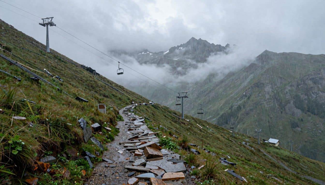 Familie in Sandalen am Berg vom Unwetter überrascht