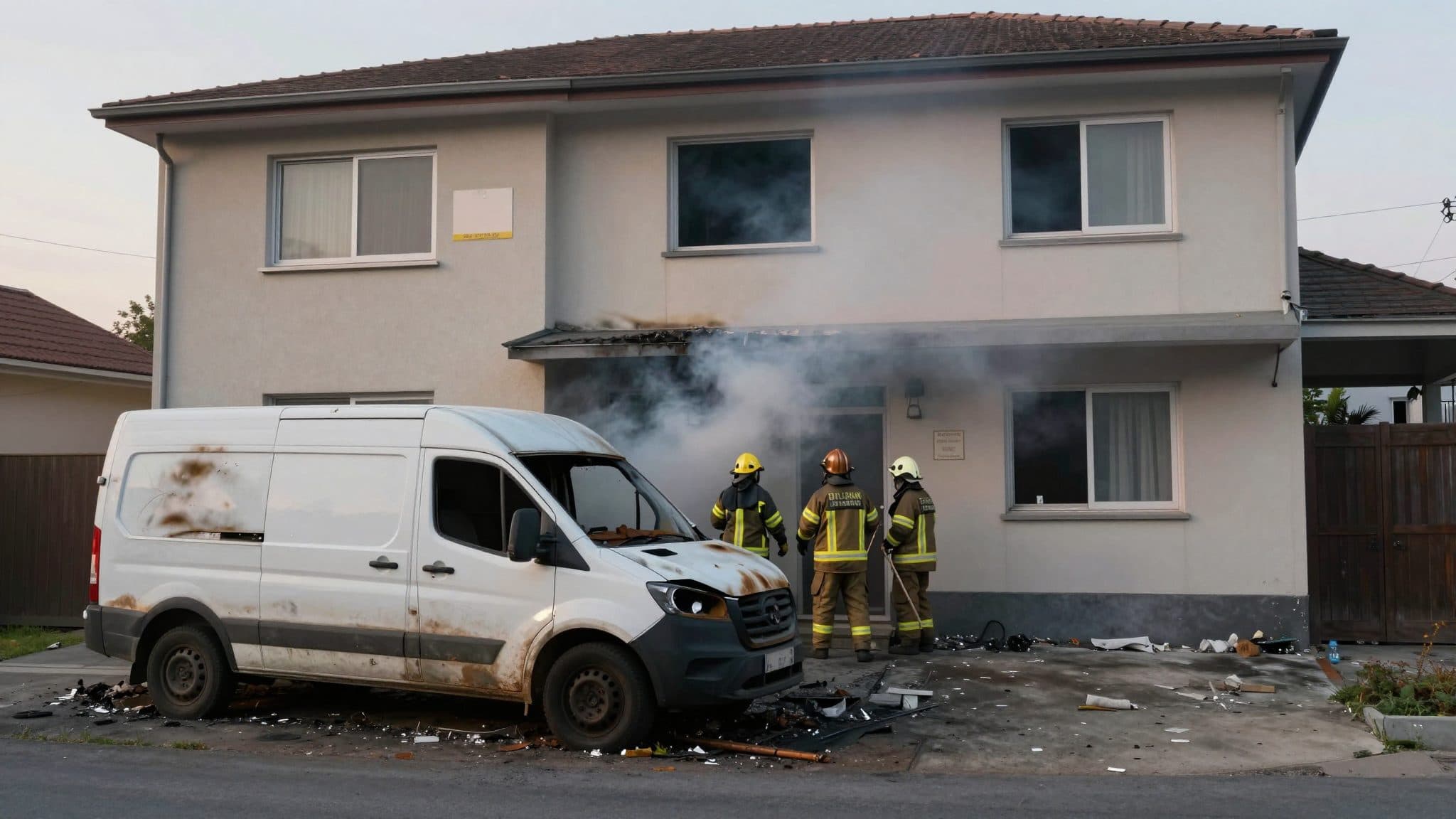 Feuer in Berlin-Spandau: Transporter brennt vor einem Haus