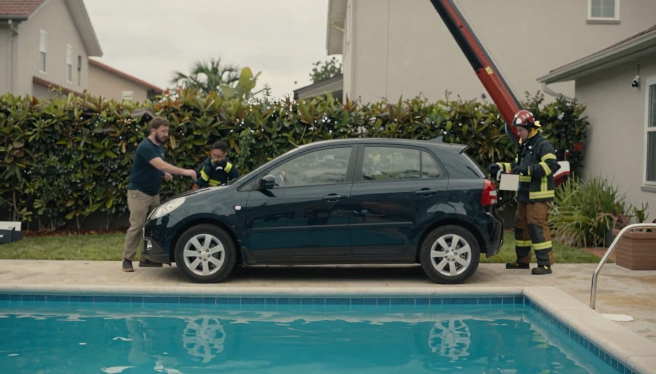 E-Auto rollt in einen Pool – und bleibt am Rand hängen