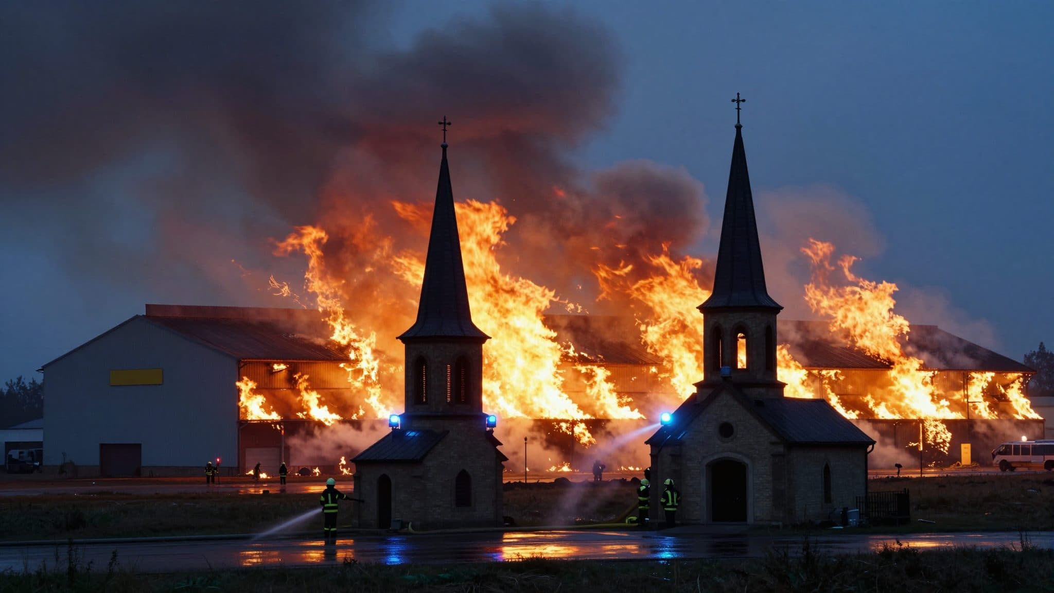 Großbrand in Niederösterreich: Feuerwehr schützt Kirche und Autohaus