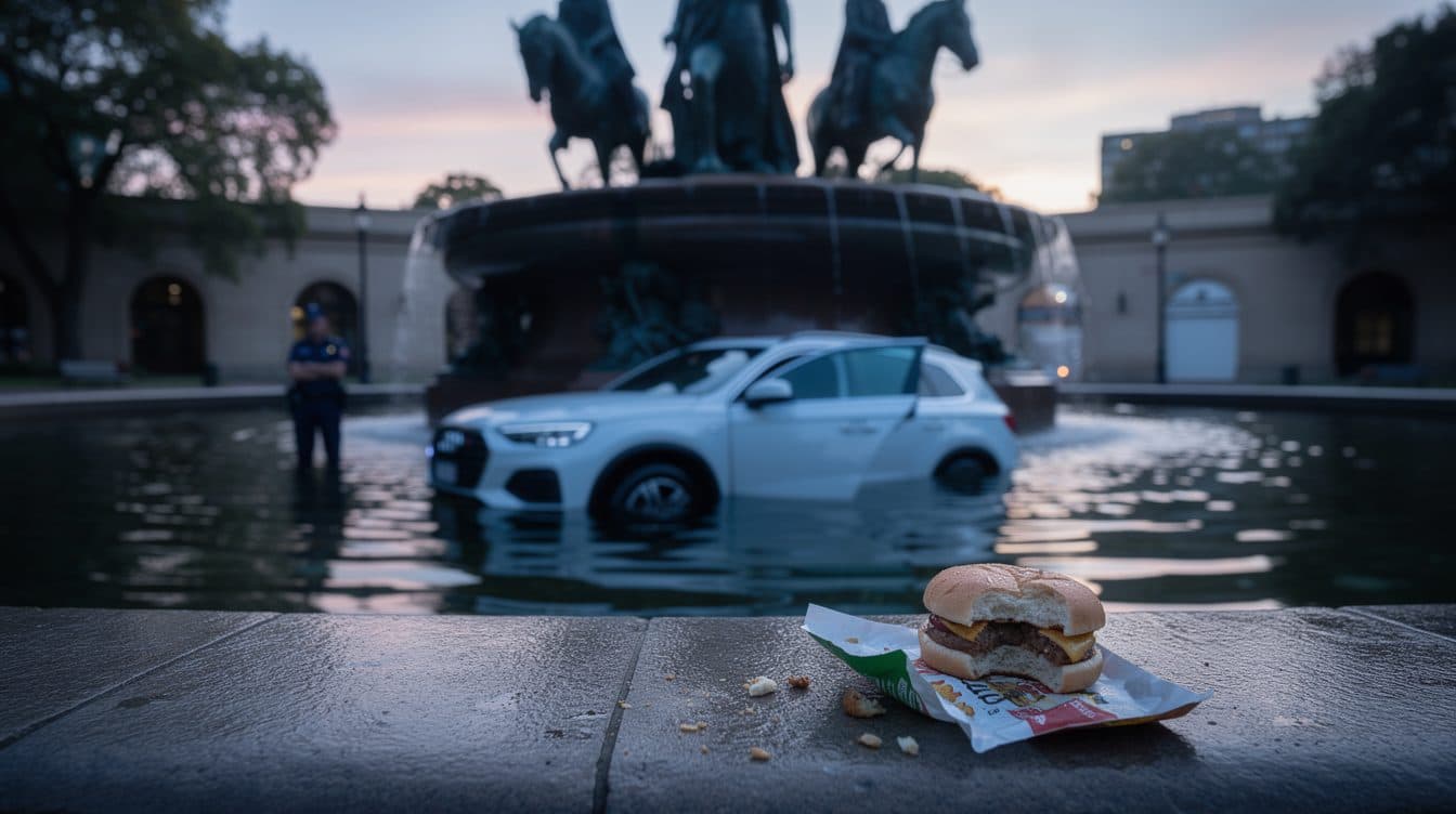 Auto im Brunnen – und der Fahrer isst einfach weiter
