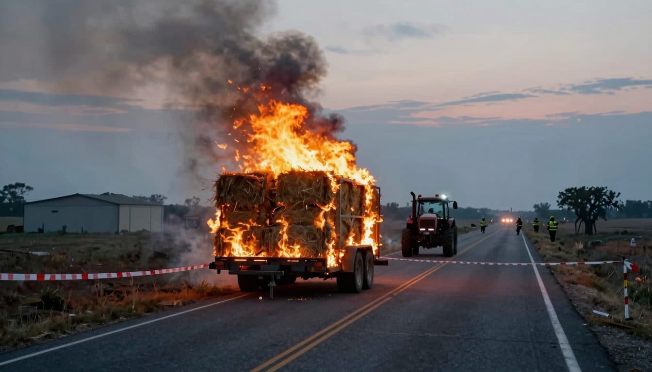 Strohballen auf einem Anhänger fangen Feuer