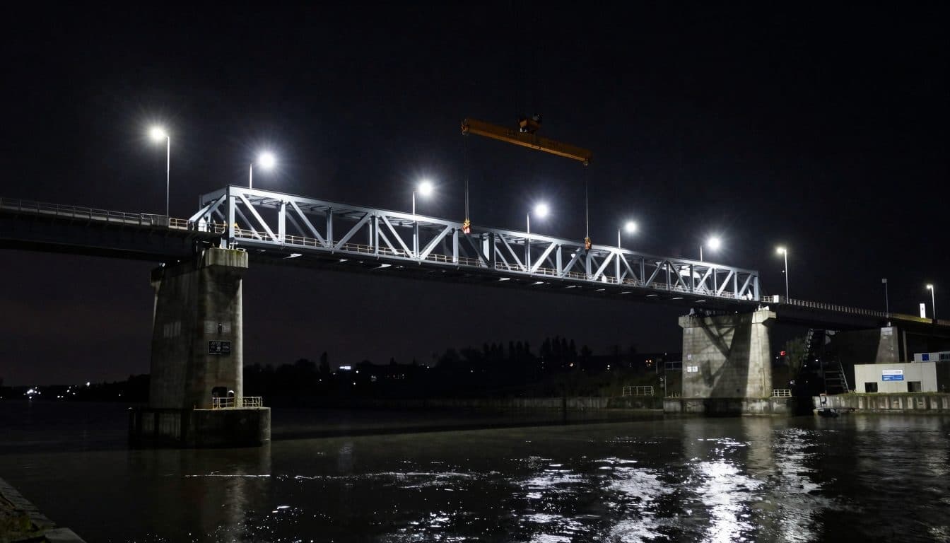 Riesiges Brückenteil schwebt über dem Kanal